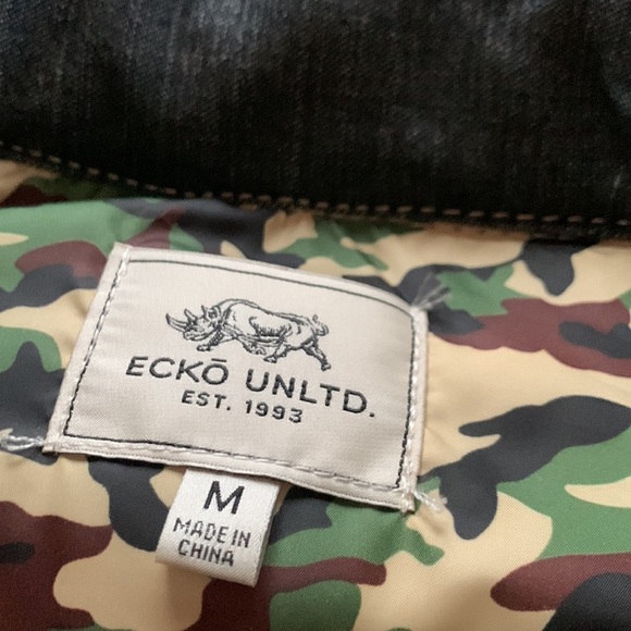 Ecko Unltd. Dark Blue Denim Puffer Winter Vest w/ Camo Lining Hidden Hood Size M - Picture 4 of 7